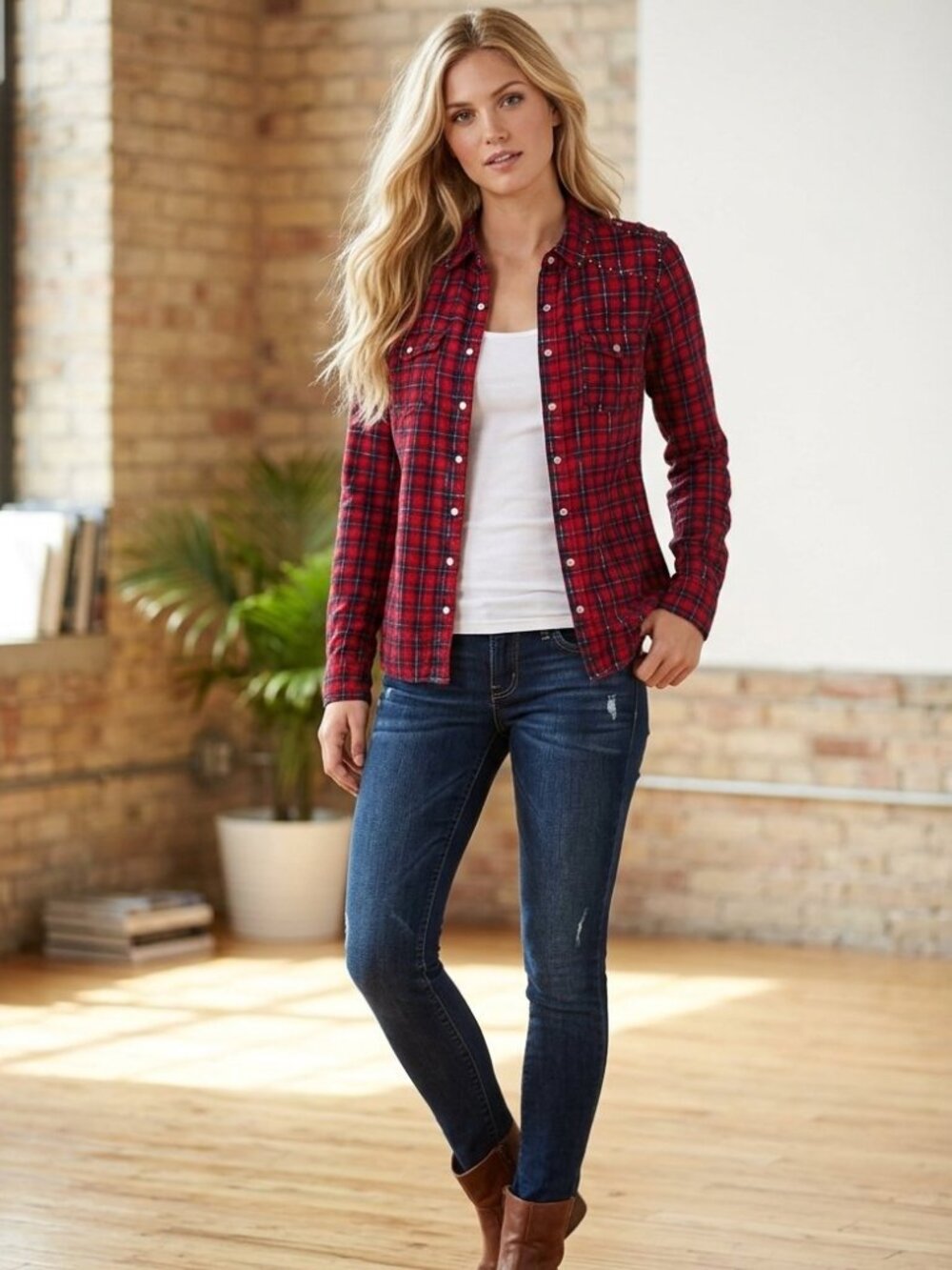 Button-Down Garage Red plaid Shirt Longsleeves